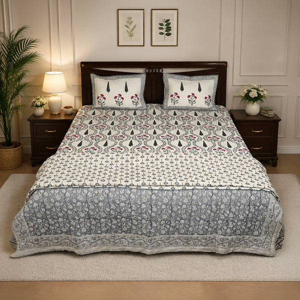 Neel Bagh Reversible Razai - Double King Size Grey Blue & White Jaipuri Razai with Cypress & Chintz Floral Border | House of Virasaat