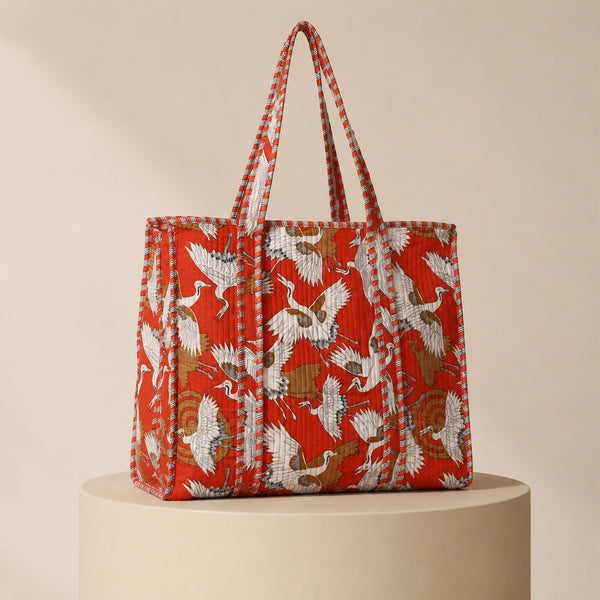 Laal Saras Tote Bag - Rust Orange & White Crane Quilted Tote | House of Virasaat