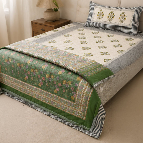 Hara Bagh Reversible Razai - Double King Size White & Green Jaipuri Razai with Chintz Rose Border | House of Virasaat