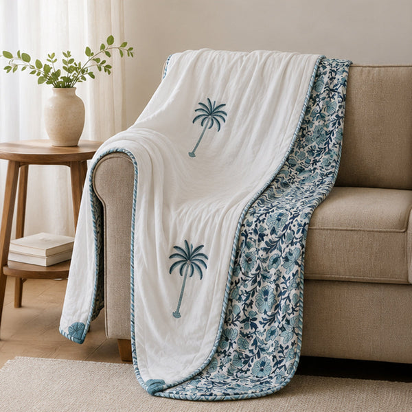Tropical Palm Reversible Dohar Set of 2 - Single 60x90 Cotton Mulmul AC Dohar Combo with Palm Booti & Blue Floral Jaal | House of Virasaat