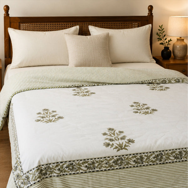 Sage Bagh Reversible Dohar - Double 90x108 Cotton Mulmul AC Dohar with Mehndi Green Boota & Sage Stripe | House of Virasaat