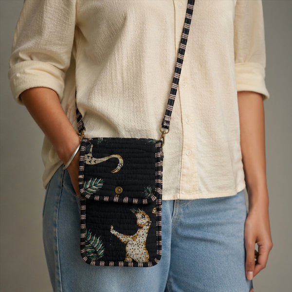 Noir Jungle Phone Sling Bag - Black Quilted Cotton Mobile Crossbody with Leopard & Teal Leaf Print | House of Virasaat