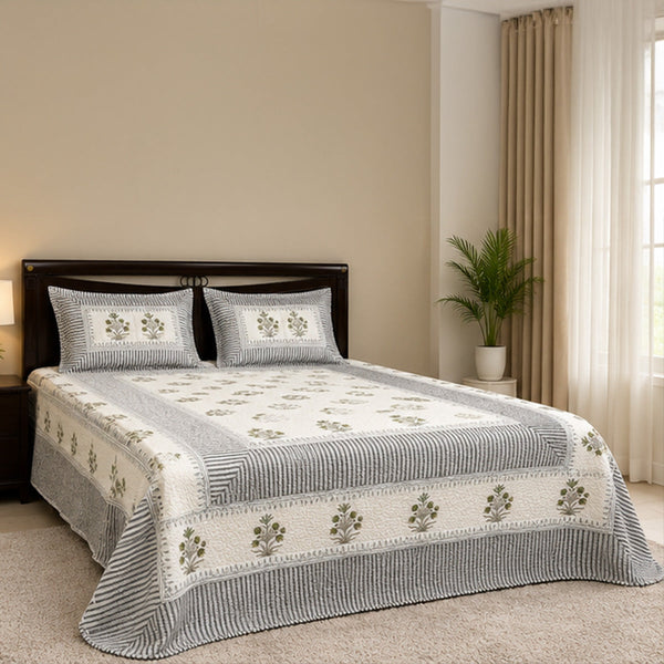 Hara Bagh Patchwork Bedcover - Double King Size Off-White & Slate Grey Quilted Bedspread with Green Guldasta | House of Virasaat