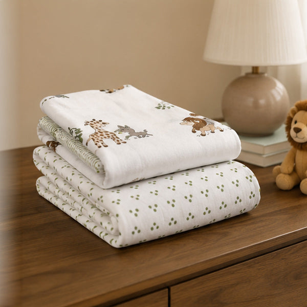 Jungle Safari Double Dohar - 90x108 Reversible Cotton Mulmul AC Dohar with Lion, Elephant & Giraffe Print | House of Virasaat