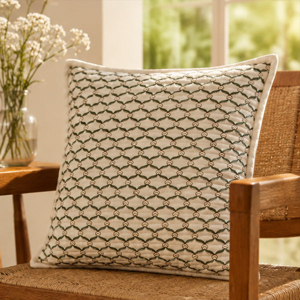 Gulnaar Quilted Cushion Cover Set of 2 - 16x16 Ivory Berry Floral with Striped Border | House of Virasaat