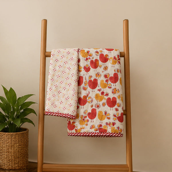 Laal Chidiya Reversible Dohar Set of 2 - Single 60x90 Cotton Mulmul AC Dohar Combo with Red & Mustard Heart-Chicken Print | House of Virasaat