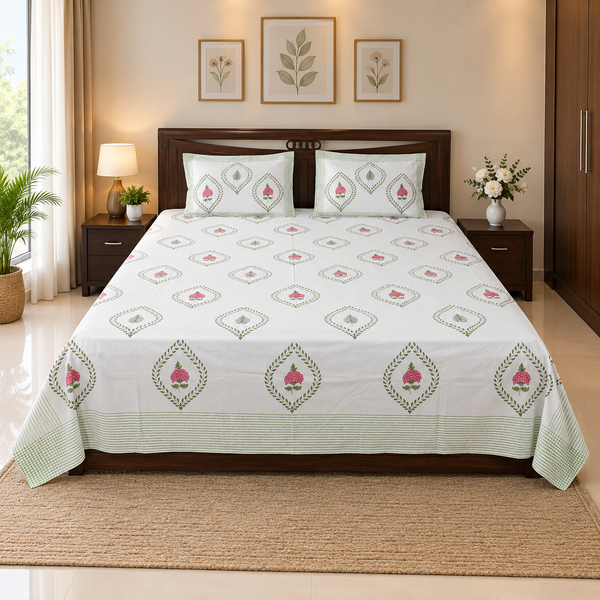Sunehri - Hand Block Printed King Size Bedsheet | 100% Cotton | Pink Rose & Green Fern Trellis with Check Border