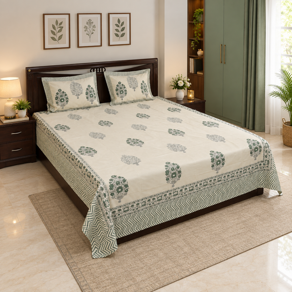 Bagh-e-Bahar - Hand Block Printed Double Bedsheet | 100% Cotton | Mughal Potted Floral Vase Print