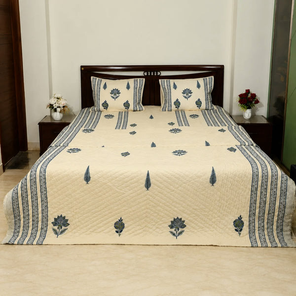 Neel Kamal Reversible Razai - Double King Size Off-White & Indigo Blue Jaipuri Razai with Lotus & Cypress Print | House of Virasaat