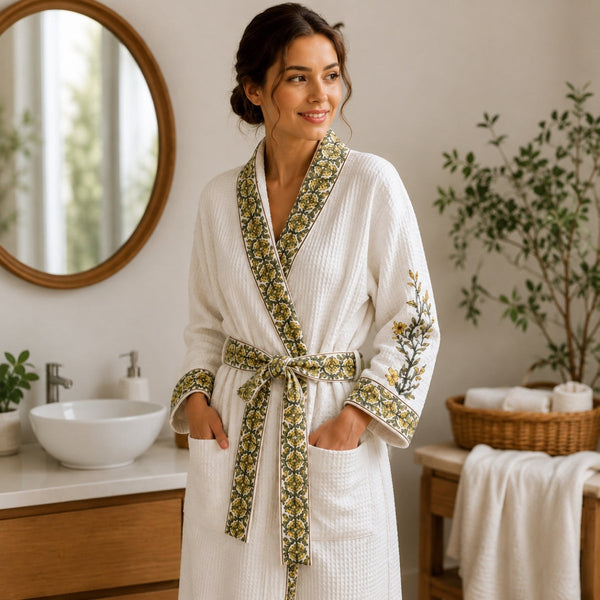Peeli Bagh Waffle Bathrobe - White Cotton Bath Robe with Yellow Marigold Floral Border & Sleeve Buti | House of Virasaat