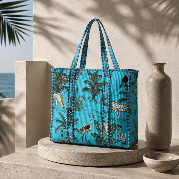 Neel Jungle Tote Bag - Sky Blue Tropical Safari Quilted Tote | House of Virasaat