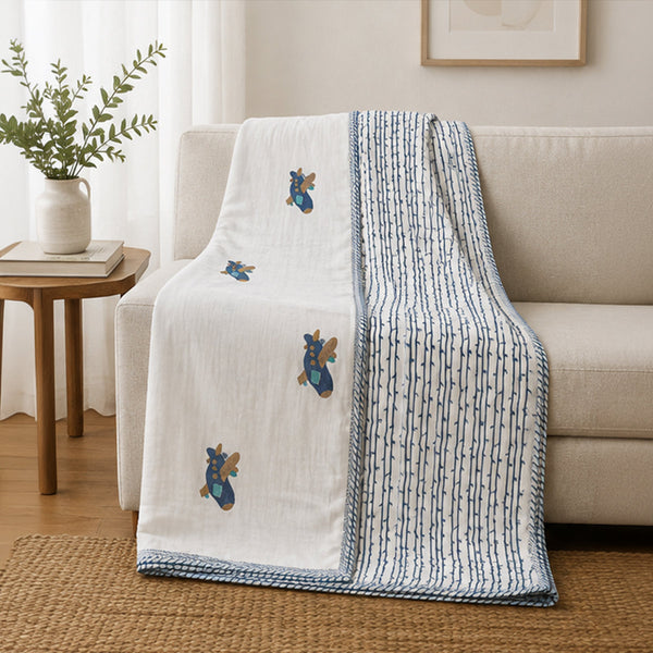 Neel Aeroplane Kids Dohar - Double Reversible Cotton Mulmul AC Dohar with Blue Airplane Print & Striped Border | House of Virasaat