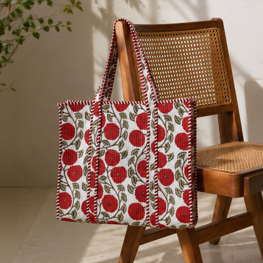 Gulab Bagh Tote Bag - Ivory Red Floral Cotton Tote | House of Virasaat