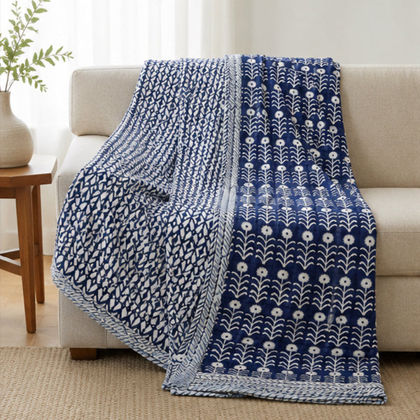 Neel Phool Reversible Dohar Set of 2 - Single 60x90 Cotton Mulmul AC Dohar Combo | Indigo Blue Floral Buti | House of Virasaat