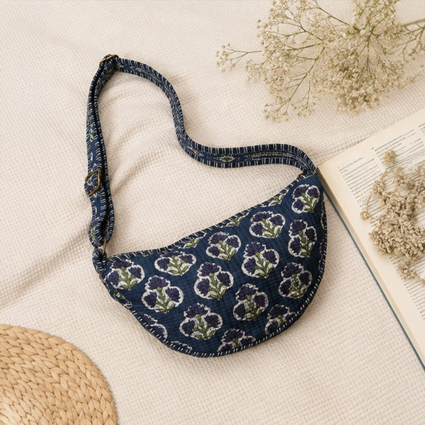 Neel Buta Crescent Sling Bag - Midnight Indigo Quilted Cotton Crossbody with Lavender Blue Mughal Boota | House of Virasaat