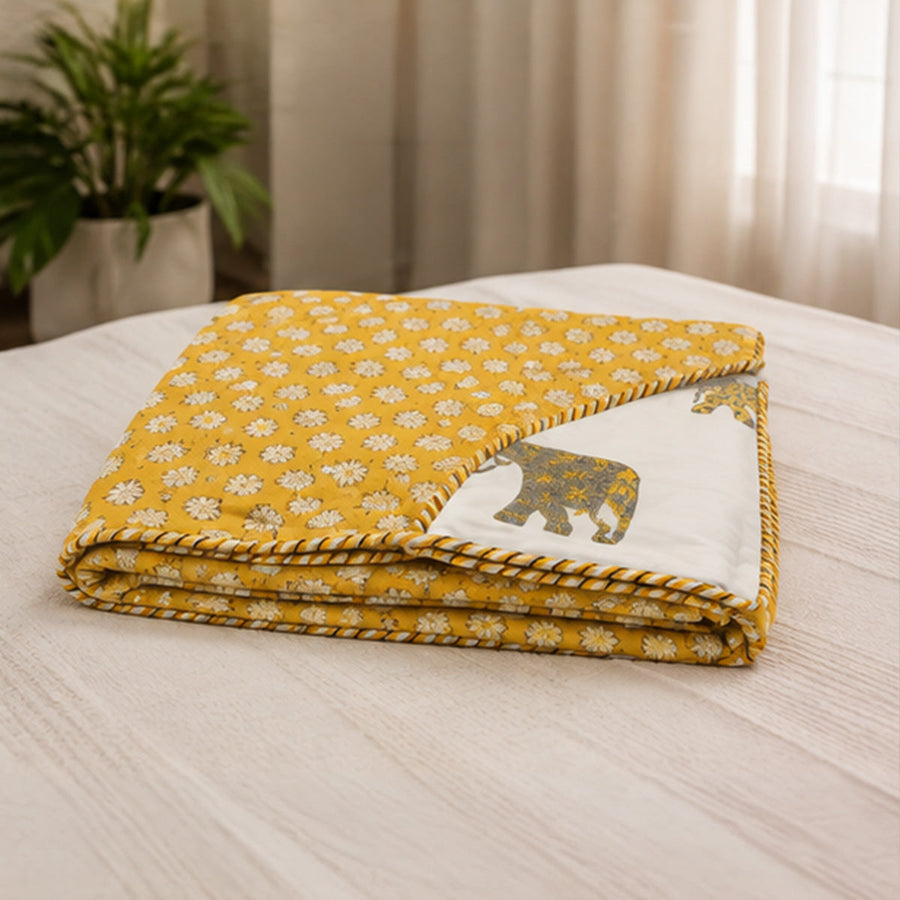 Peeli Bagh Elephant Dohar - Double 90x108 Reversible 3-Layer Cotton Mulmul AC Dohar with Marigold Booti & Hathi Chhatri Print | House of Virasaat