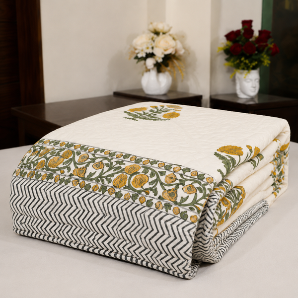 Genda Phool Reversible Razai - Double King Size White & Mustard Yellow Jaipuri Razai with Marigold Print & Chevron Border | House of Virasaat