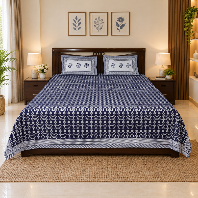 Rajsi - Hand Block Printed King Size Bedsheet | 100% Cotton | Indigo Blue Floral Vines on White