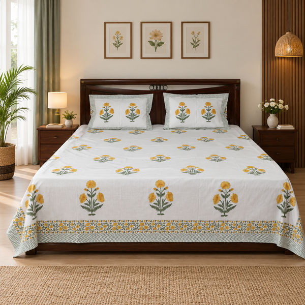 Rangrez - Hand Block Printed Double Bedsheet | 100% Cotton | Sunny Marigold Yellow Floral