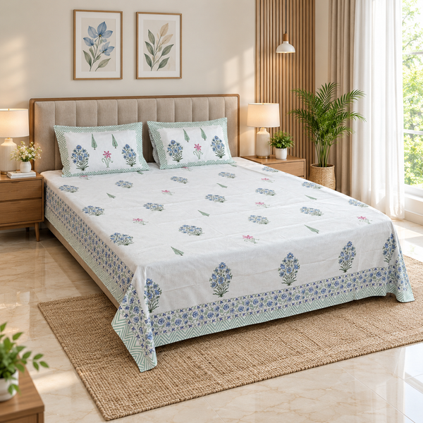 Kesar Bagh - Hand Block Printed Double Bedsheet | 100% Cotton | Blue Pink Lily & Cypress Garden Print