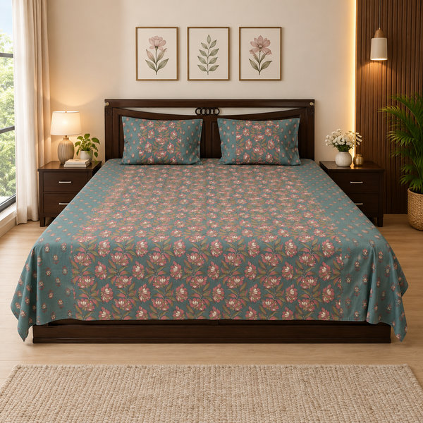 Sham-E-Gul - Hand Block Printed Double Bedsheet 90x108 with Pillow Covers | 100% Cotton | Teal Grey Pink Floral Jaal