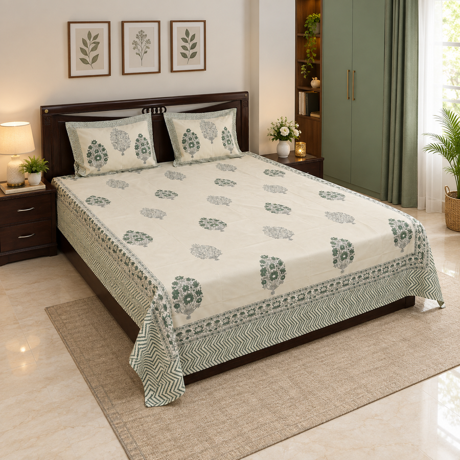 Bagh-e-Bahar - Hand Block Printed Double Bedsheet | 100% Cotton | Mughal Potted Floral Vase Print